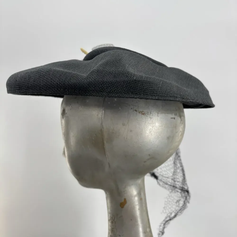 Vtg Black Tilt Fascinator Hat Birdcage Veil Cocktail Church Derby Wedding